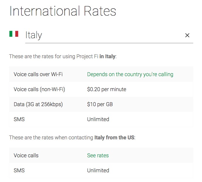 International Rates – Project Fi tariffa italia