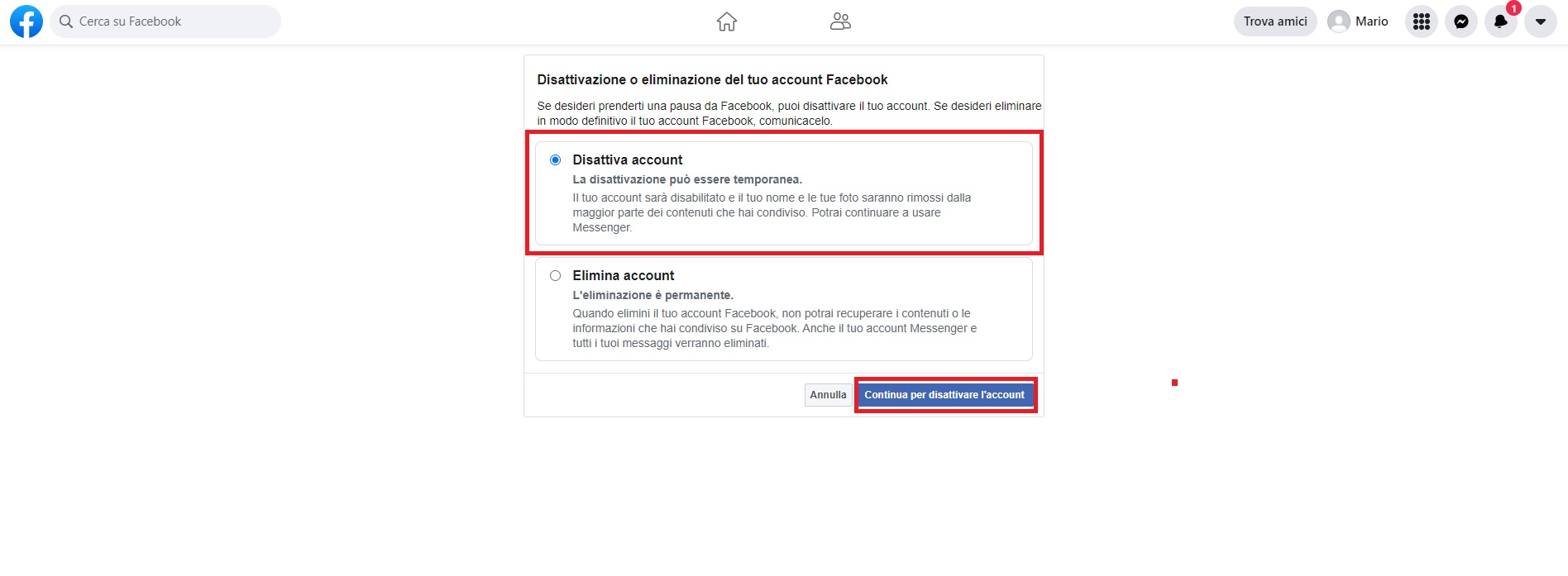 disattivare Facebook temporaneamente