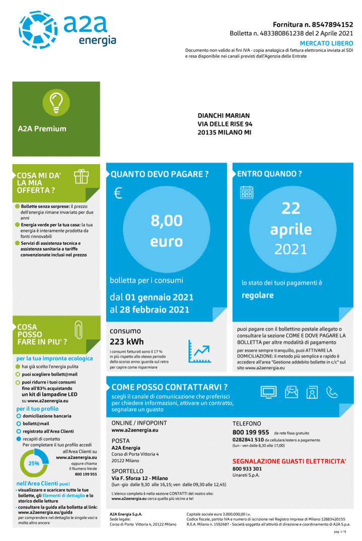 Fac simile bolletta a2a luce