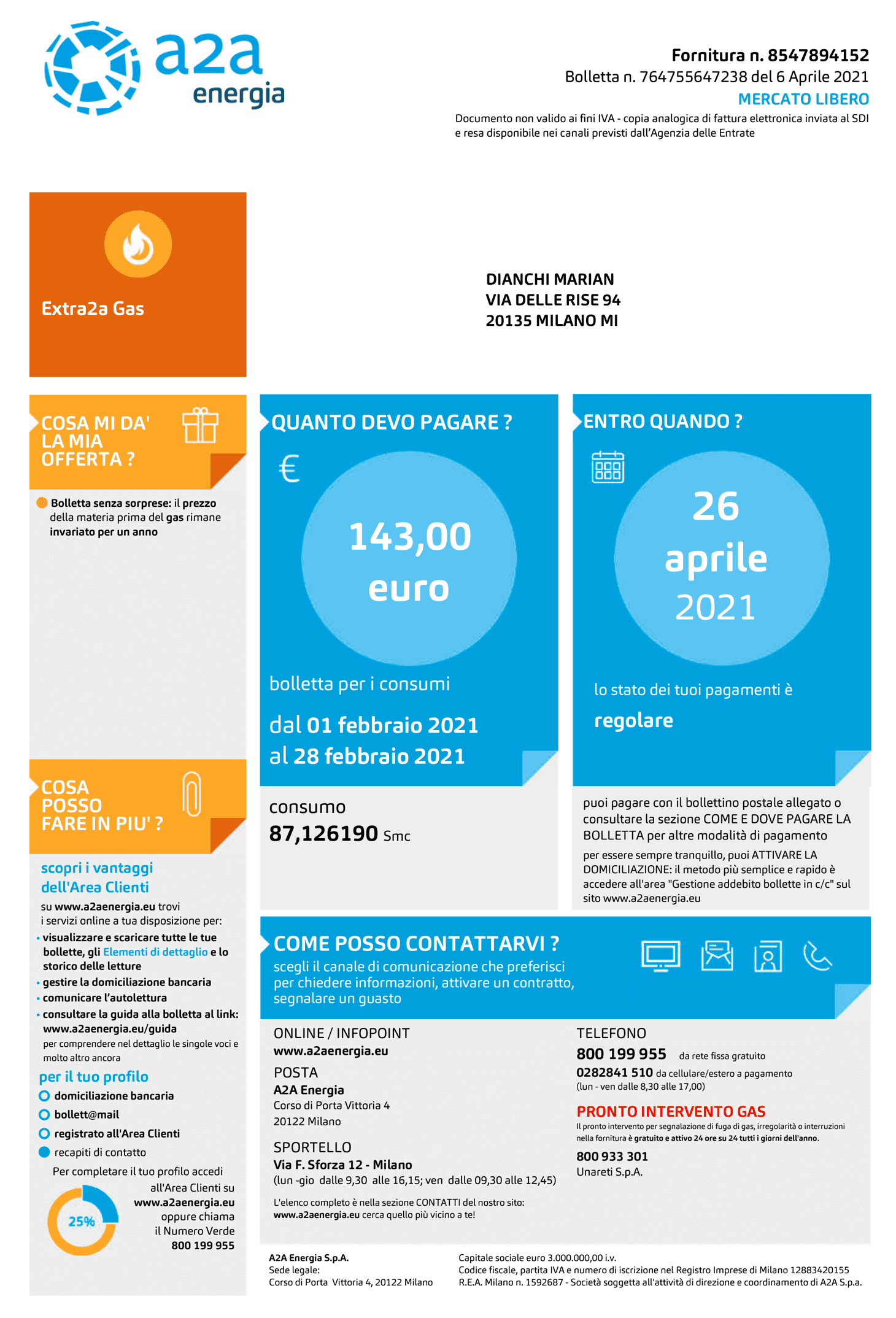 Fac simile bolletta a2a gas